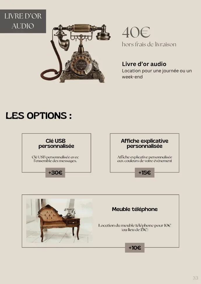 Tarifs et option livre d'or audio