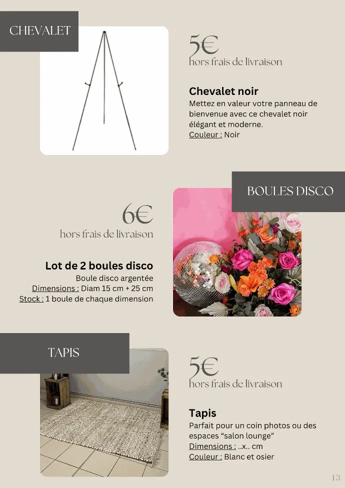 Location chevalet, boules disco, tapis