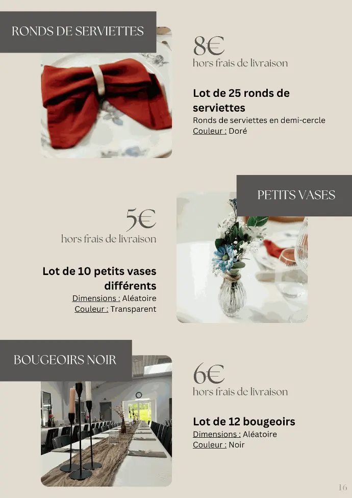 Location ronds de serviettes, vases, bougeoirs